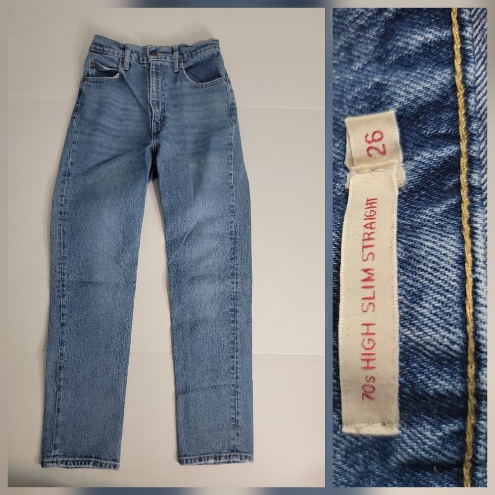 Levis Premium Jeans Sz 26 X28 High Rise 70s Slim Straight Big E Model Of Duty